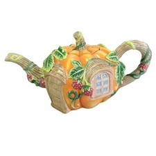 Fitz and Floyd Teapot Its Harvest Time Embossed Handpainted Pumpkin House READ