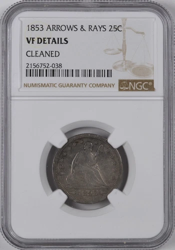 1853 Arrows & Rays Liberty Seated Quarter  25C / NGC / VF Details