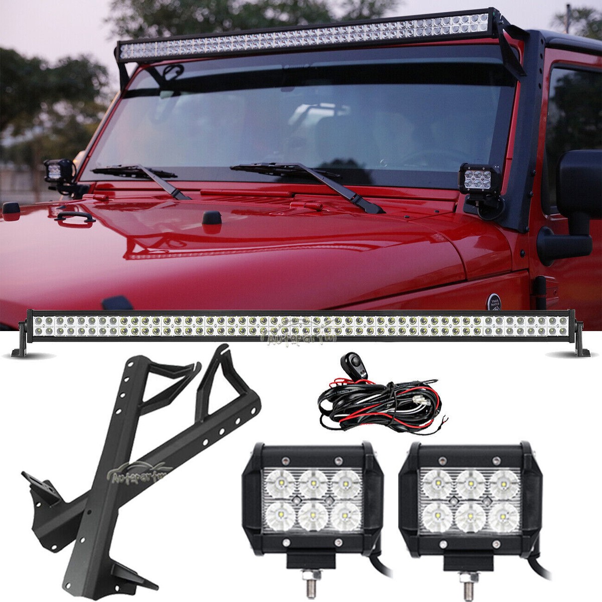 IRONWALLS 52-Inch LED Light Bar + Wiring Kit + Windshield Brackets For Jeep Wrangler JK/JKU – Combo