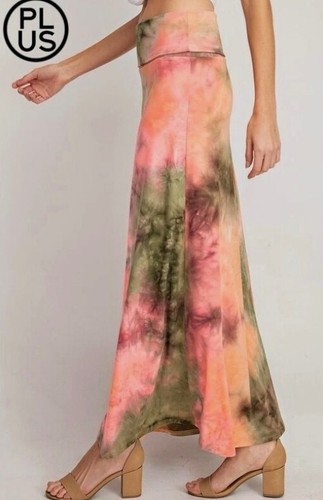 USA New PLUS SIZE Womens OLIVE NEON CORAL TIE DYED SOFT BOHO MAXI SKIRT 1X 2X - Picture 3 of 4