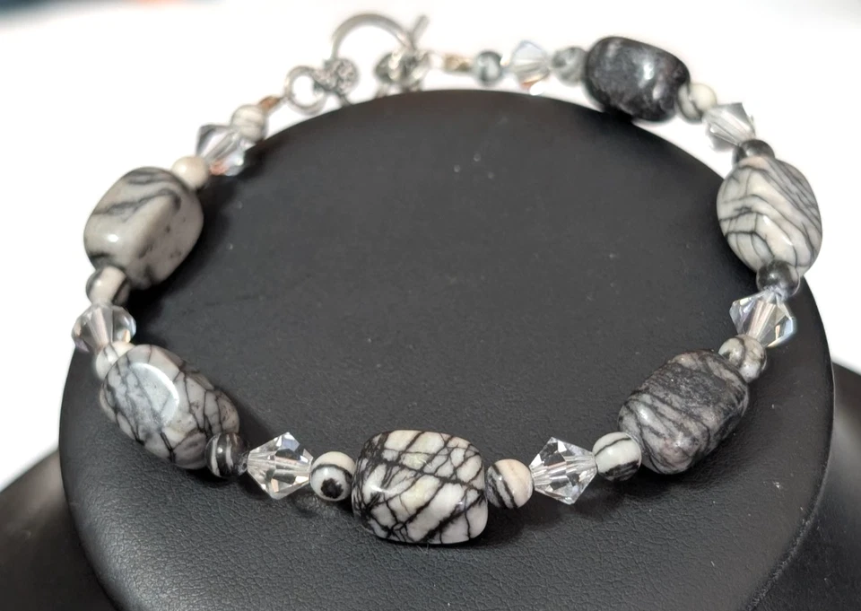 Pulsera Picasso Jaspe Cuentas 8" Negro Gris Tono Plata Araña Piedra sbr-68 Foto 2 de 4