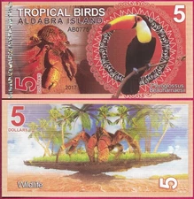 ALDABRA ISLAND 5 DOLLARS 2017 BU,AB FANTASY NOTE,COCONUT CRAB,PTEROGLOSSUS BEAUH