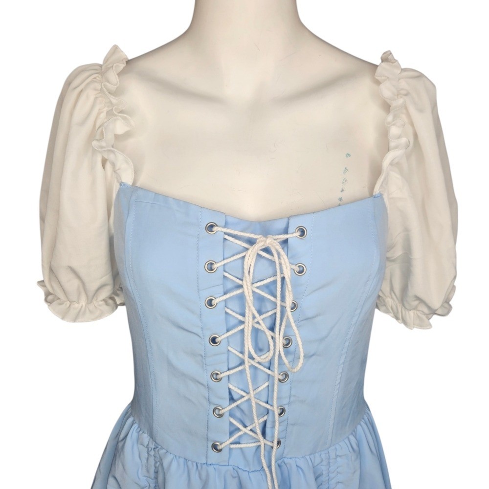 Womens Renfair Milkmaid Peasant Puff Sleeve Blue White Dress Sz S/M