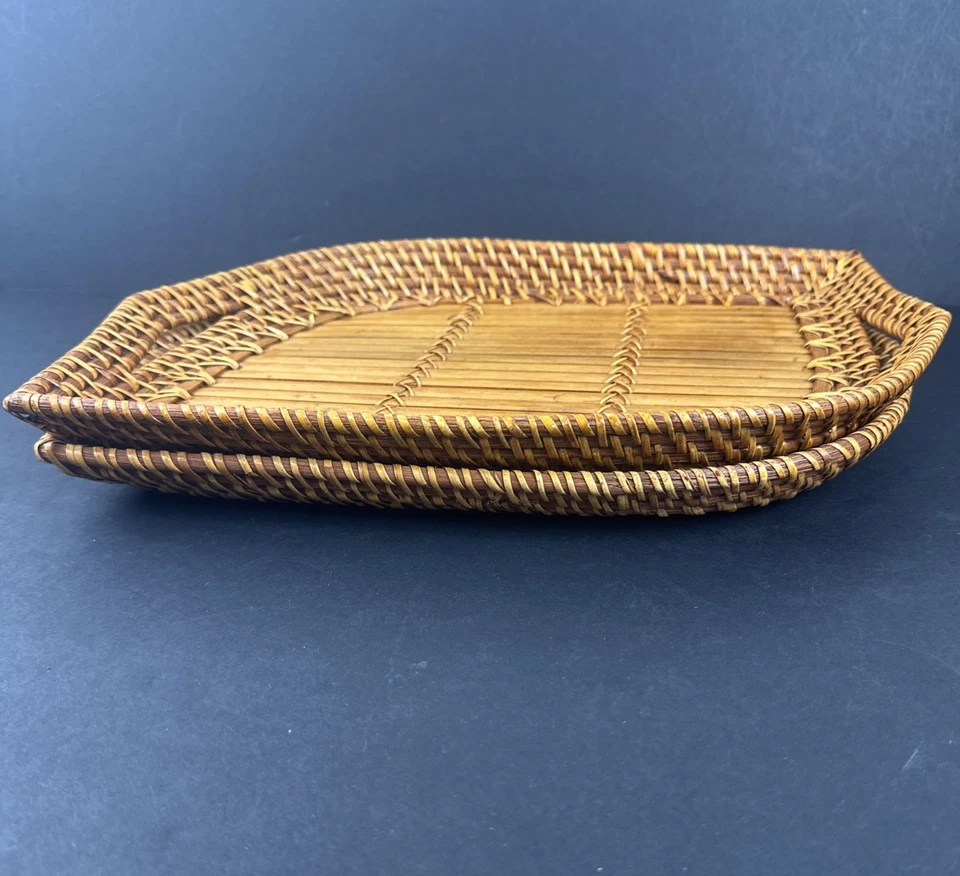 2 Vintage Rattan Bamboo Woven Serving Trays with Handles Boho Rustic 16x12” - Image 2 of 4