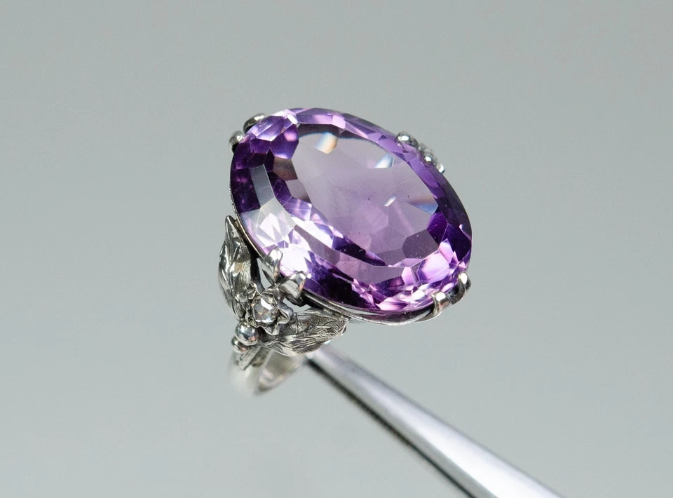 925 Argento - Antico Anello - 21.00 CT Ametista - 0.10 Diamante - Fatto a Mano - Immagine 4 di 4