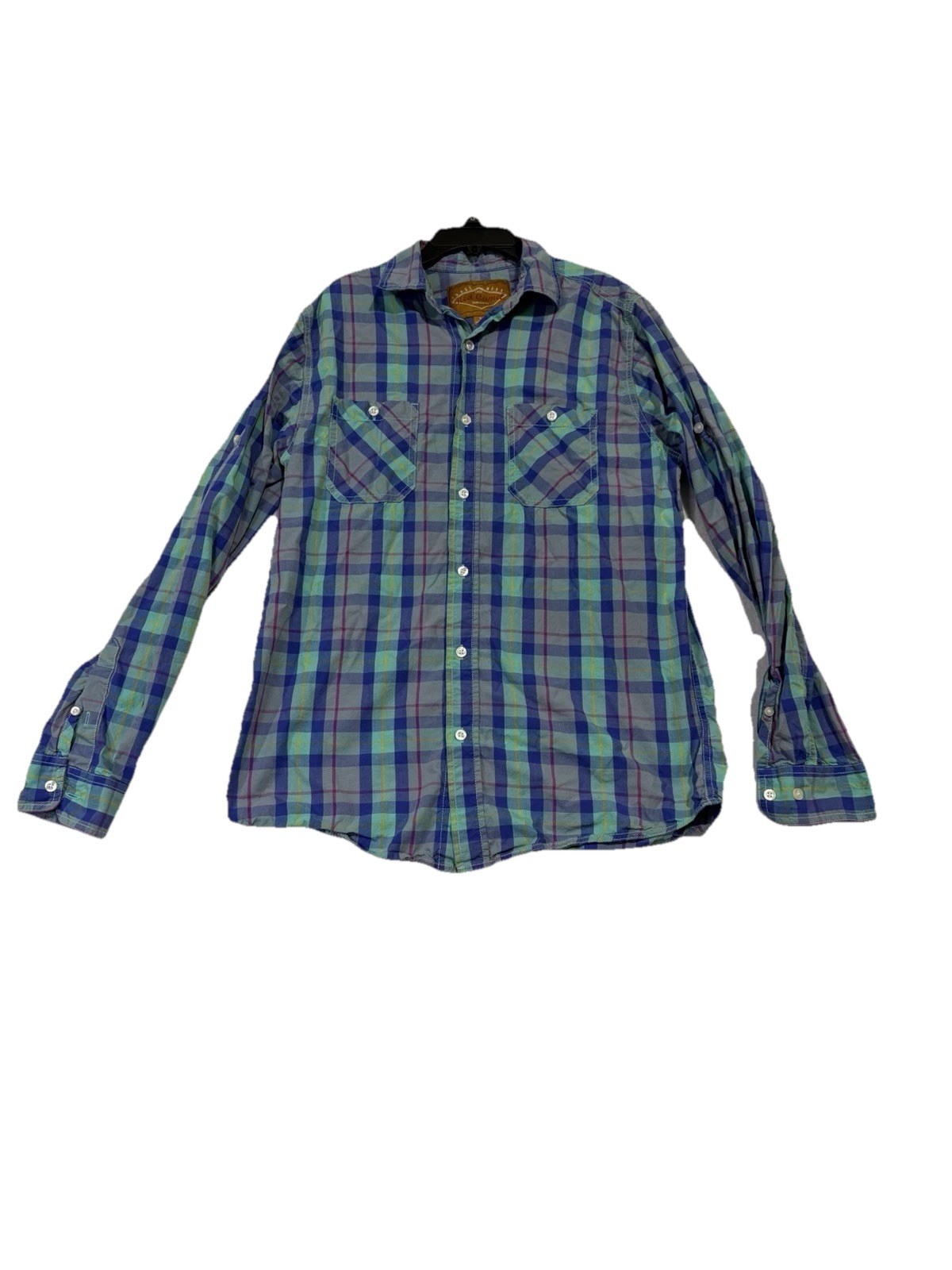 Red Camel Mens M Plaid Western Shirt Blue Pearl Snap Roll Tab Cotton Read Desc
