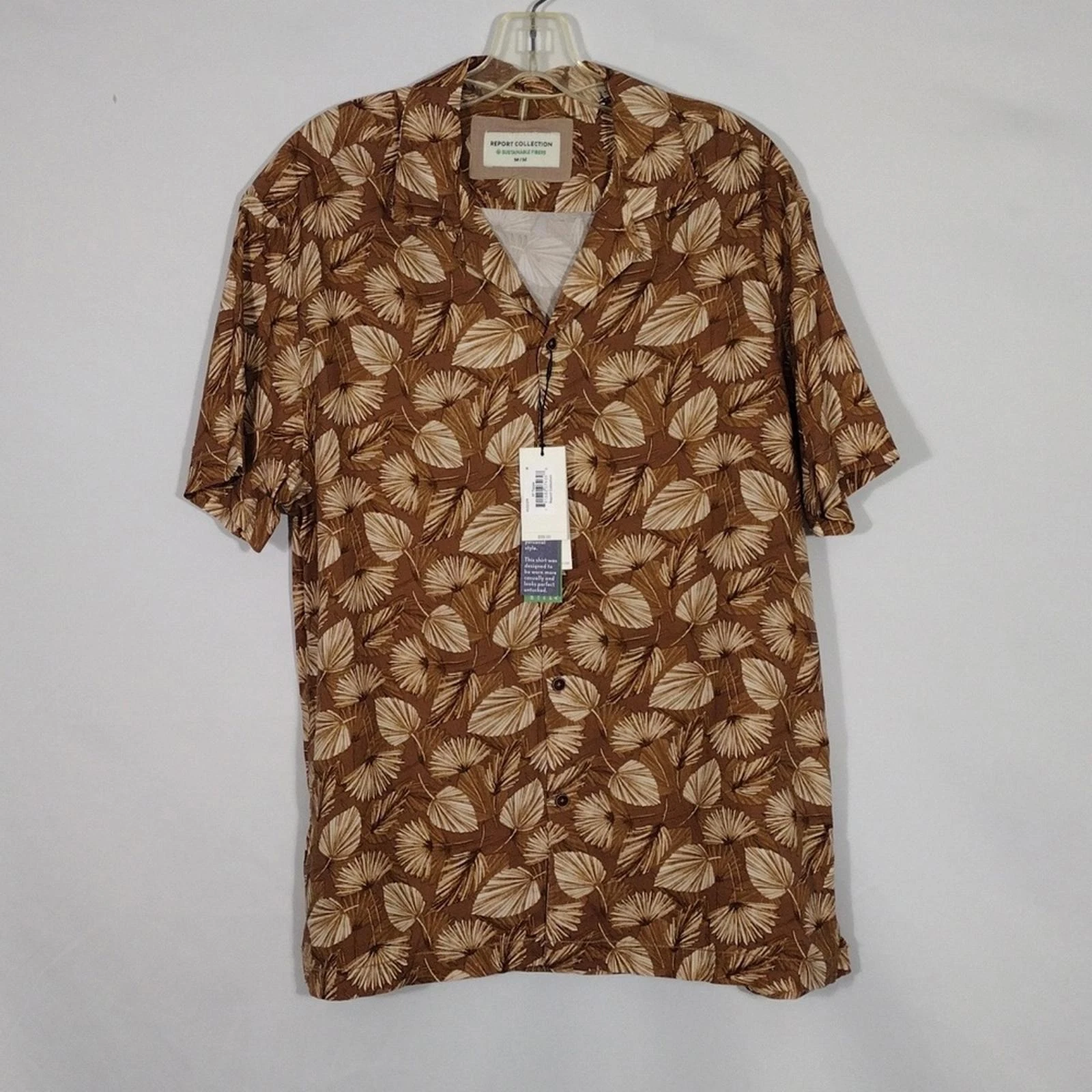NWT Report Collection Taupe Short Sleeve Modal Rayon Print Camp Shirt Men Sz Sm