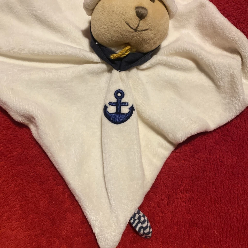 🇫🇷 Doudou et Compagnie Ours Bonnet Marin Carré Ecru Ancre Bleu TBE - Photo 2/4