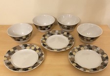 Crockery 7 Piece Set 4 Bowls 3 Plates White Brown Dotted Pattern Tableware Home