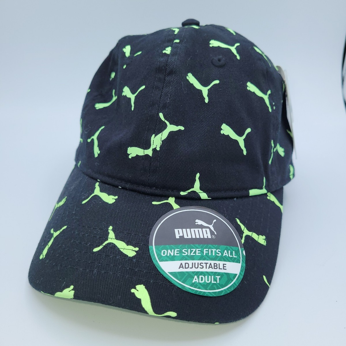 Puma Men's Adjustable Baseball Cap Hat Black Lime Green All Over Puma Print
