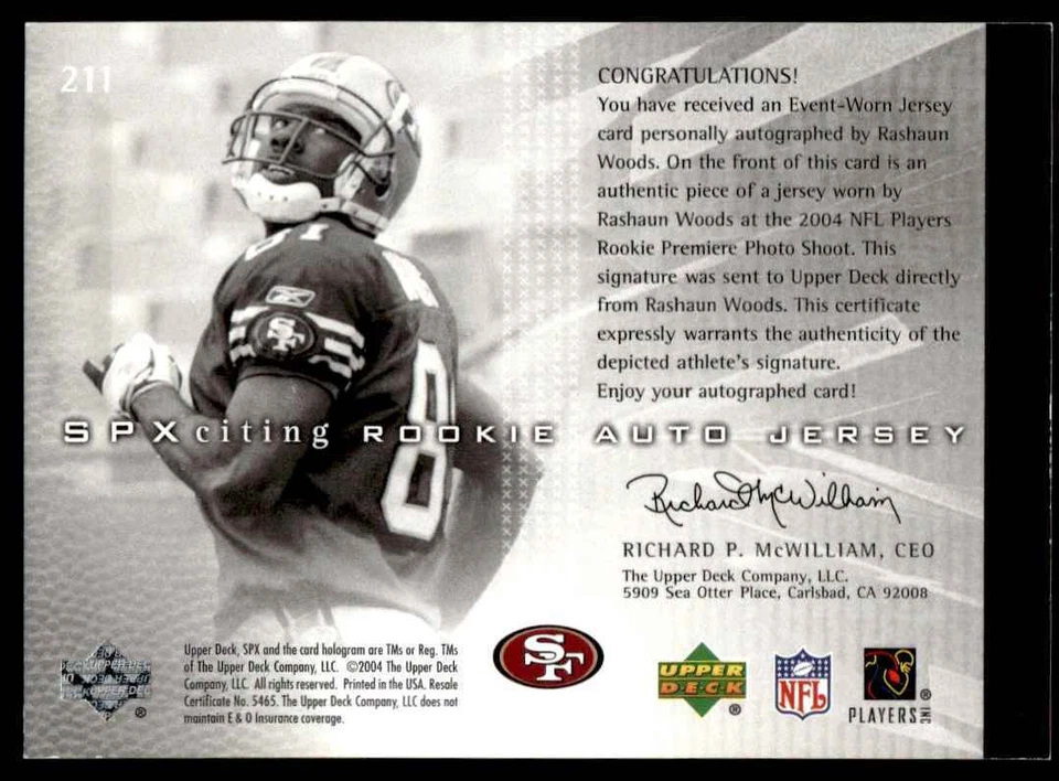 2004 SPX ROOKIE JERSEY AUTO /1499 Rashaun Woods Rookie Auto 1214/1499 49ers #211 - Image 2 of 2