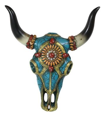Southwest Steer Bison Cow Aztec Sun Gold And Turquoise Mosaic Skull Wall Decor