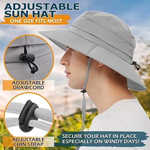 Men's Sun Hat, Rain Waterproof UV Protection Wide Brim One Size Light Grey image 4