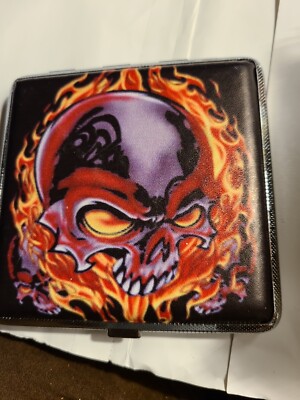 Eclipse Flaming Skull Design Crushproof Metal Cigarette Case, King Size