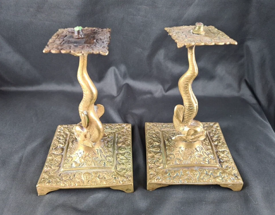 Paar Antike Messing Fisch-Kerzenständer wohl um 1800 Kerzenhalter alteHandarbeit - Bild 2 von 4