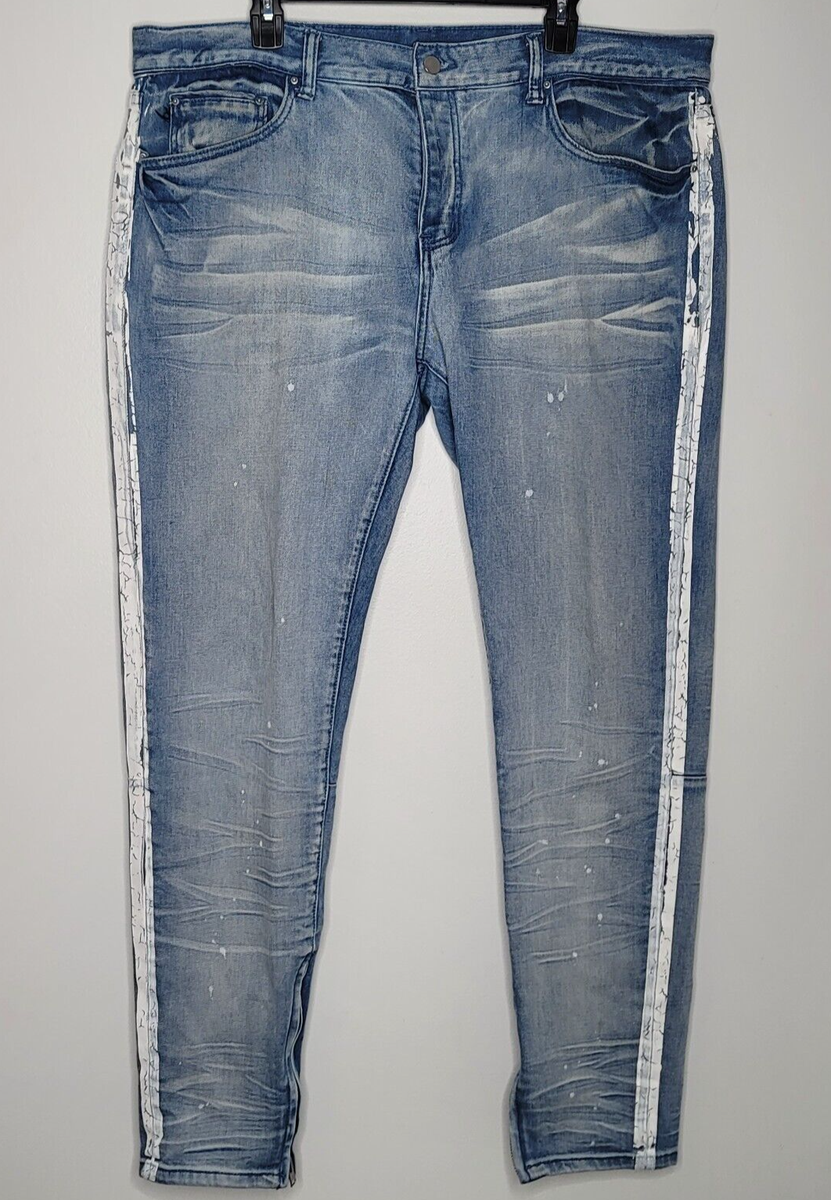MNML Mens Jeans 40x33 Striped Ankle Zip Jeans Denim Blue