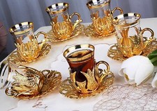 24 Pc Turkish Tea Glasses Set with Holder Handles Saucers Spoons Glass Cups 
