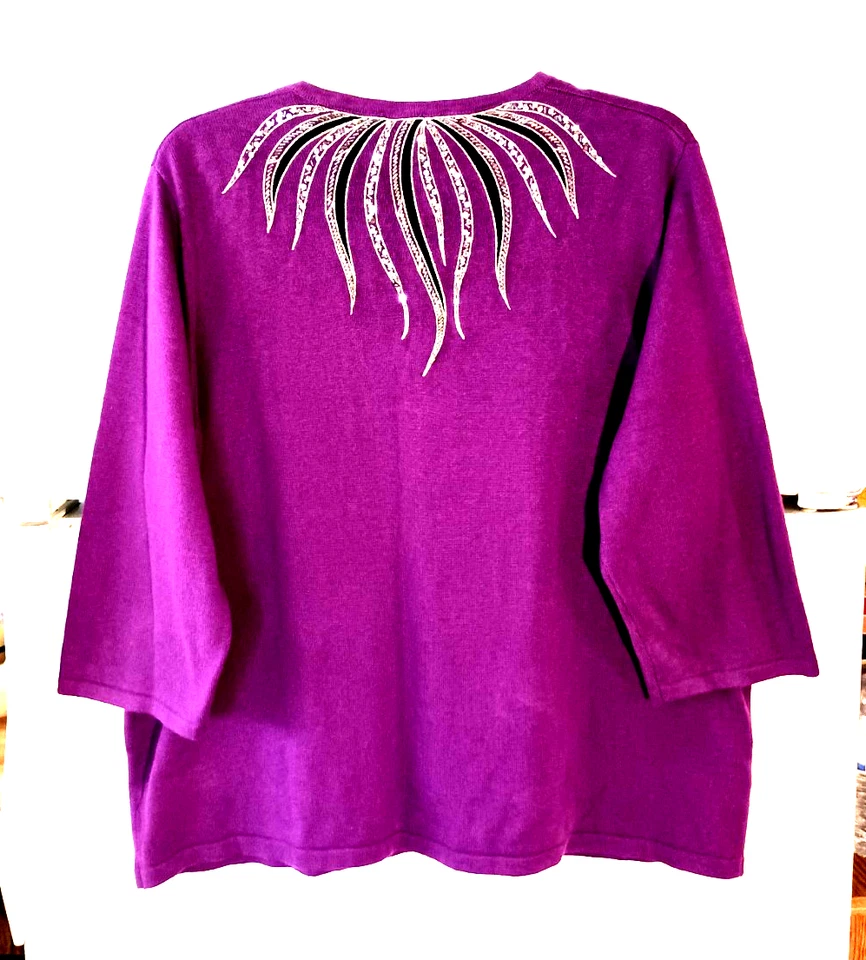 BOB MACKIE WEARABLE ART PURPLE EMBROIDERED EMBELLISHED BUTTON DOWN SWEATER 1X - Image 3 of 4