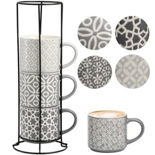 Hiceeden Set of 4 Coffee Mugs with Metal Stand, 15 oz Stackable Espresso Cups...