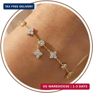 Authentic Four Leaf Clover Lucky Bracelet for Women 14K Gold Plated Dainty 4 Leaf Link Bra