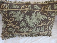 Huge Aubusson style Needlepoint Pillow Cvr Chocolate w Greens Gold  Fringe