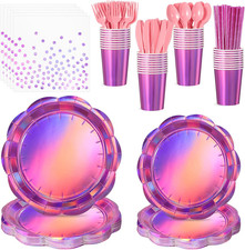 200 Pcs Pink Plates and Napkins Party Supplies, 25 Guest Scalloped Iridescent Pi