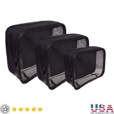 3PC Waterproof Travel Makeup Bag Organizer Set Black Mesh Toiletry Pouch New