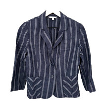 Cabi Linen Striped Blazer Women's 8 Navy White 3/4 Sleeve Pockets Nautical