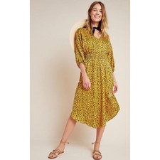 Anthropologie Yellow Printed Midi Dress NWT Size Small Boho Smocked Waist