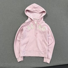 Y2K Womens Aeropostale Hoodie Small Pink Button V Neck AERO Mini Pullover Fleece
