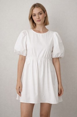 MADEWELL White Puff Sleeve Polin Mini Dress Size 8 Babydoll -3029