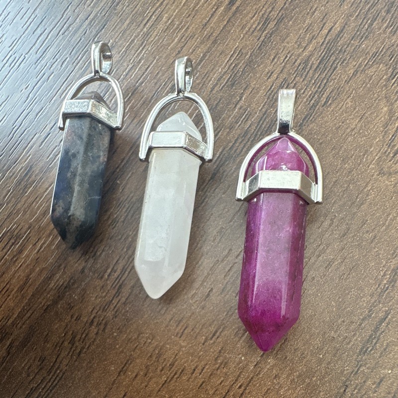 3pc Stone Point Hexagon Pendant Charm Lot w/ Silver-Tone Bails Black/White/Pink