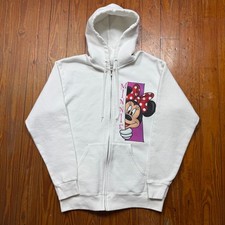 Vintage Disney Minnie Mouse Hoodie Women Size Medium White Full Zip Sweatshirt