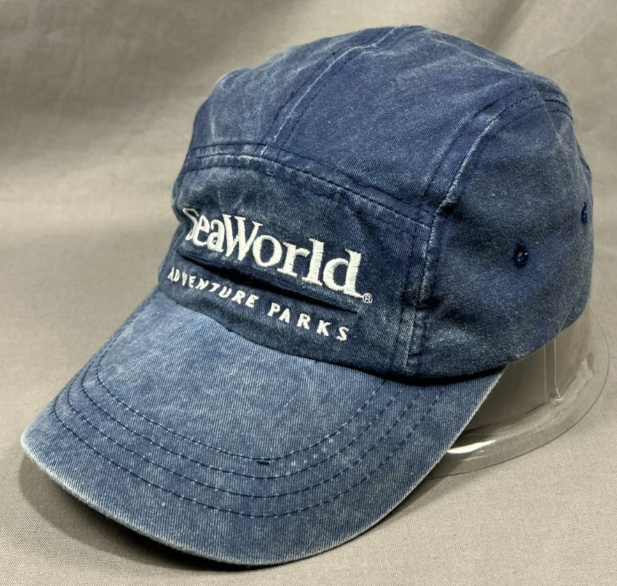 SeaWorld Adventure Park Strapback Hat Distressed Blue Denim 5 panel Dad Cap Mens image 6