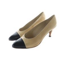 Chanel Pointed Toe Heels Logo Leather Pumps 7 Beige Women