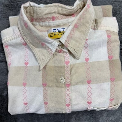 C.S.T. Sport Button Down Shirt Womens 3X Tan Pink Heart Plaid Short Sleeve