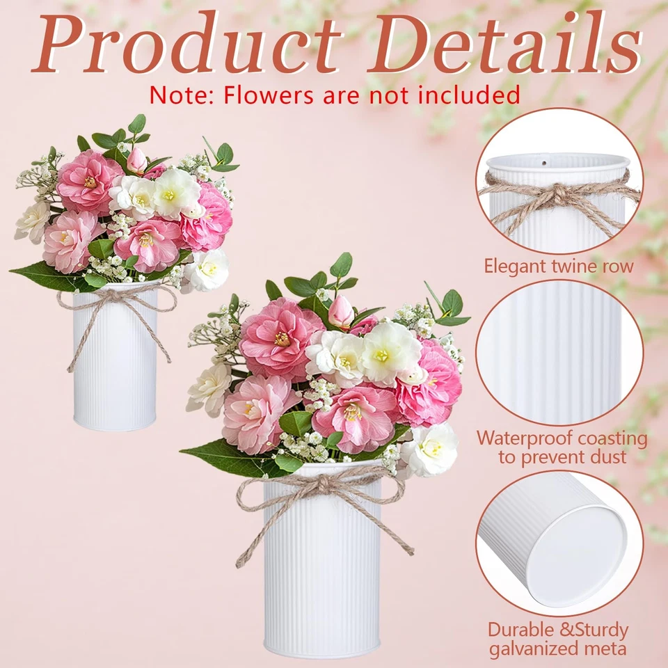 12 Pcs High Farmhouse Vase Decor 2 Sizes Metal Flower Vases White Iron Rustic... - Image 3 of 4