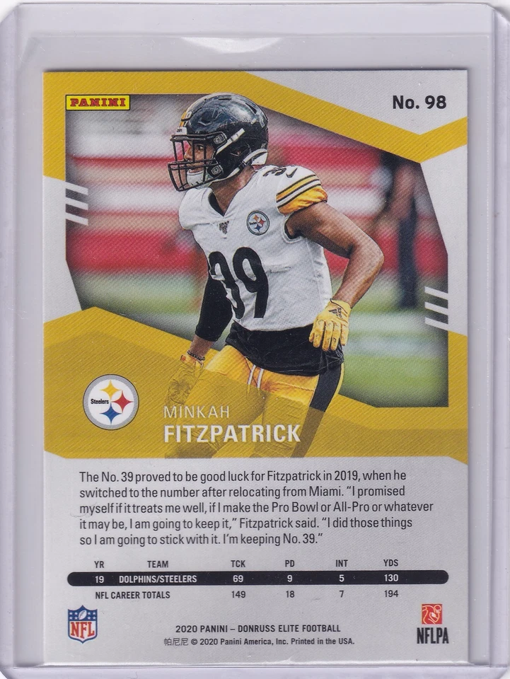 Minkah Fitzpatrick 2020 PaniDonruss Elite Football Pittsburgh Steelers #98 NFL - Image 2 of 2