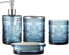 4PCs Teal Blue Glass Bathroom Accessories Set with Decorative Pressed Pattern -