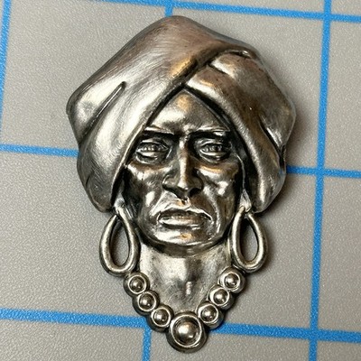 Vintage Fortune Teller Gypsy Sultan Face Portrait Sterling Silver Brooch Pin 7g
