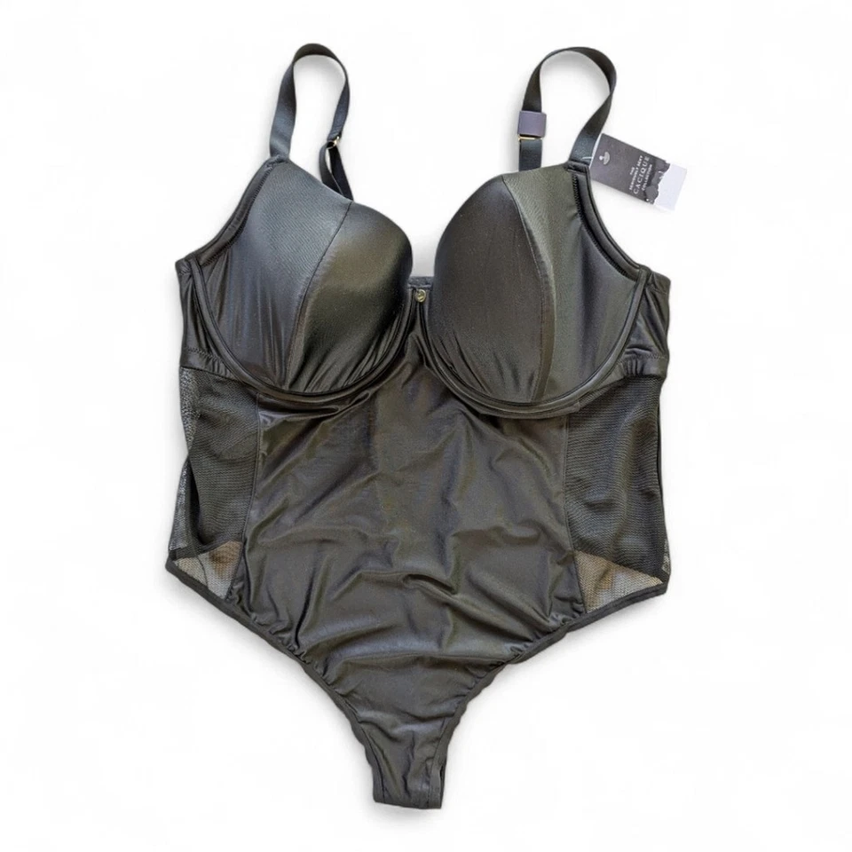 Cacique Black Micro Sateen Balconette Thong Bodysuit Sz 42DD NWT - Image 3 of 4