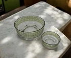 Jeanette Glass Hellenic Green Star Burst Chip Dip Bowl Set Vintage MCM 1960s 2pc