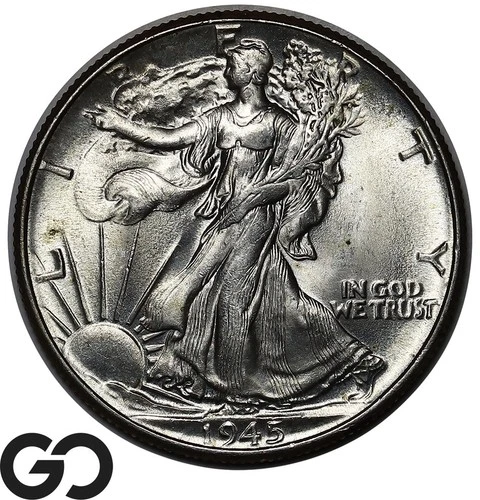 1945 Walking Liberty Half Dollar, Swirling Luster, Gem BU++