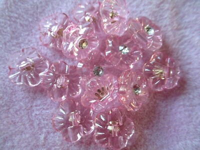 10 STCK. 13 MM BABY ROSA ACRYL & KRISTALLBLÜTE BLUME RÜCKSEITE LOCH KNÖPFE ANNÄHEN 