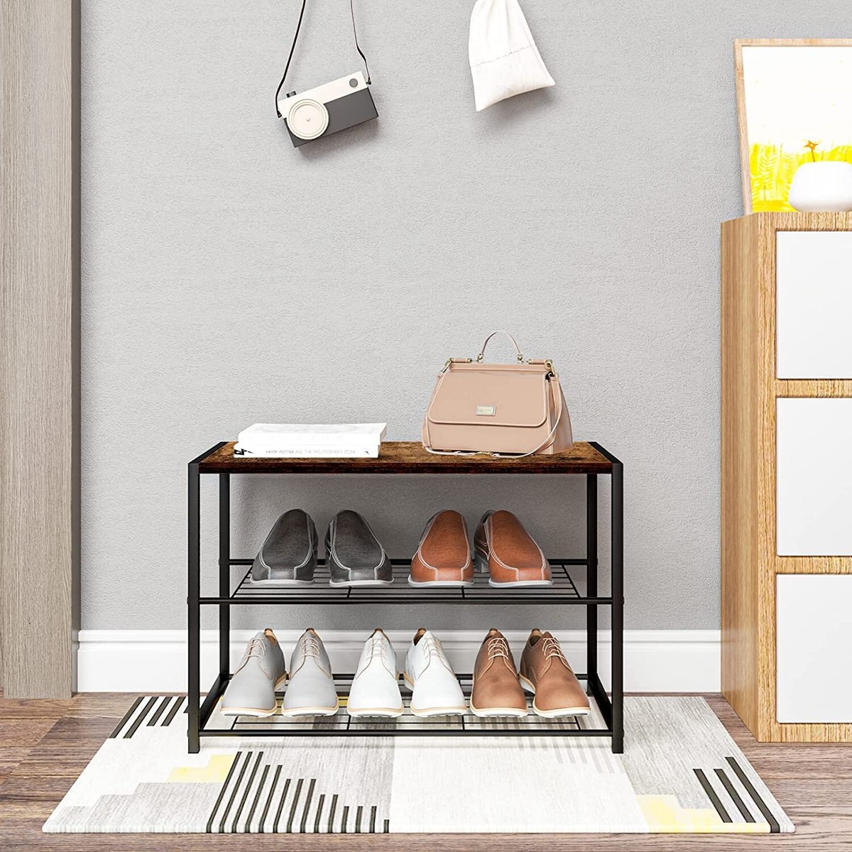WOLTU Tier Shoe Rack Bench Industrial Style Wooden Shoe Storage