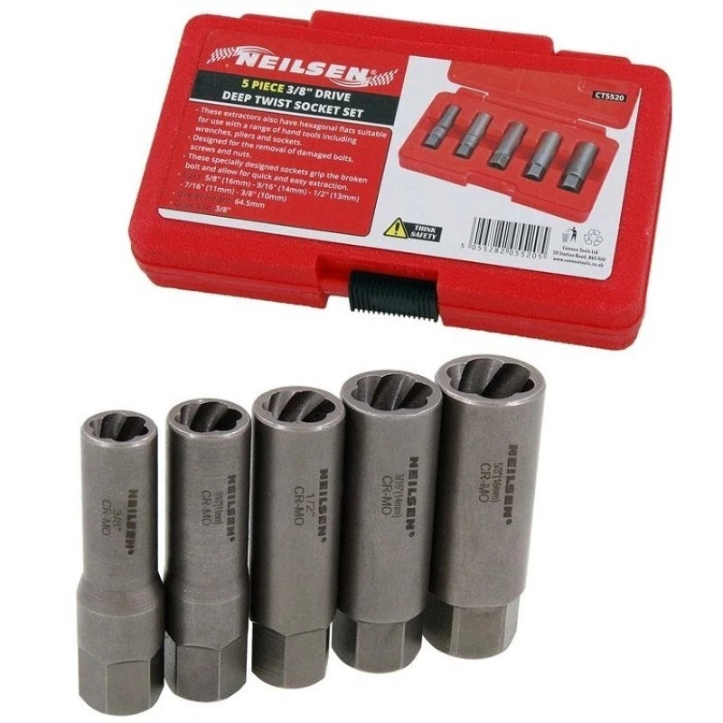 5pc Deep Twist Socket Set 10 16mm Damaged Nut Bolt Extractor 3 8