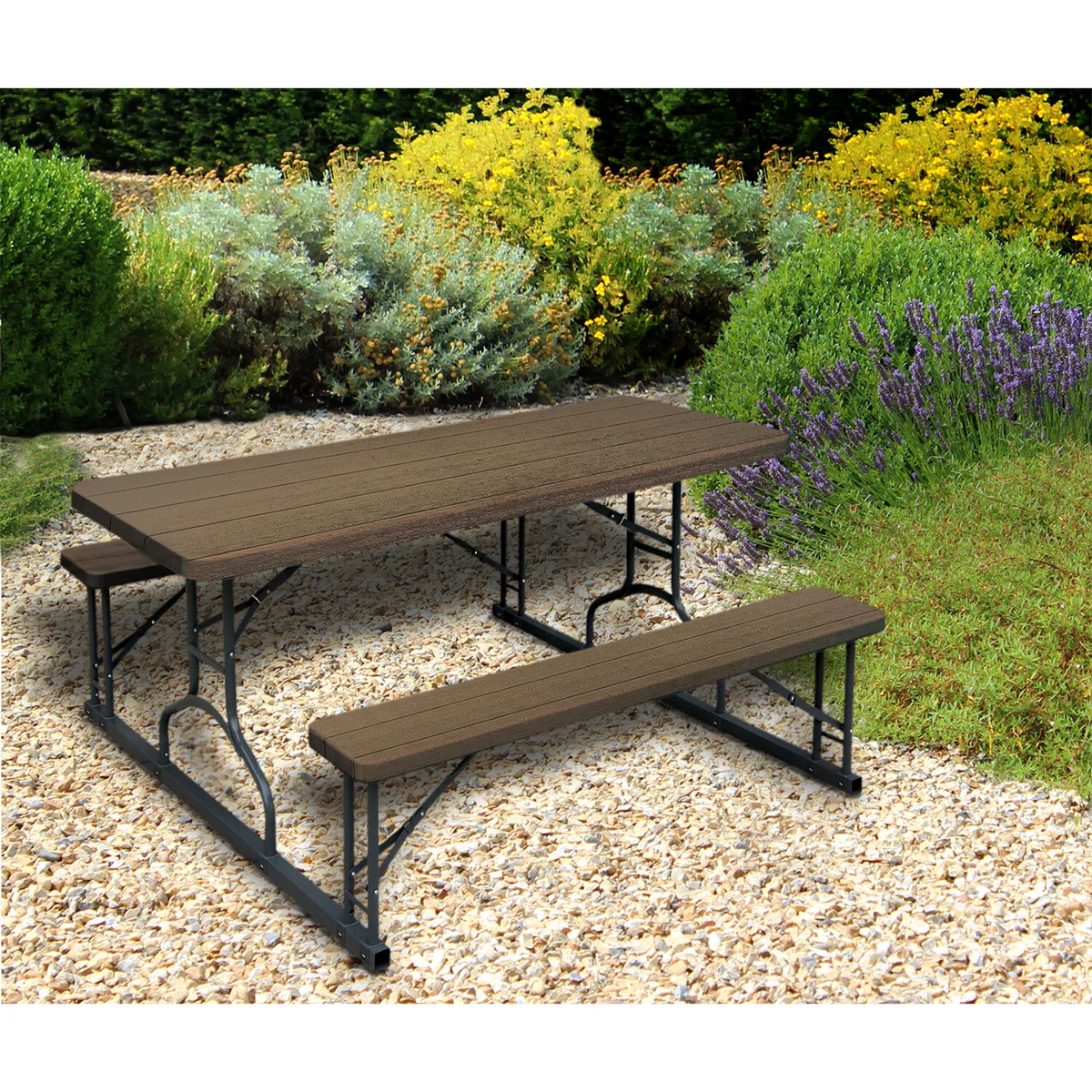 Plastic Development Steel Frame 6 Picnic Outdoor Table with Bench