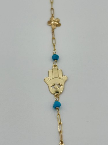 BRACELET EVIL EYE HAMSA WITH FLOWERS & TURQUOISE 14K YELLOW GOLD PAPERCLIP 7" - Picture 3 of 5