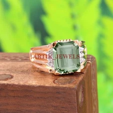 Green Amethyst Gemstone Rose Gold Plated 925 Sterling Silver Men's Ring #5287