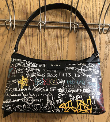 DKNY Carlita EW Bag Black & Graffiti Print Faux Leather Shoulder Handbag NWT
